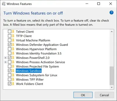 Bac à sable des fonctionnalités Windows