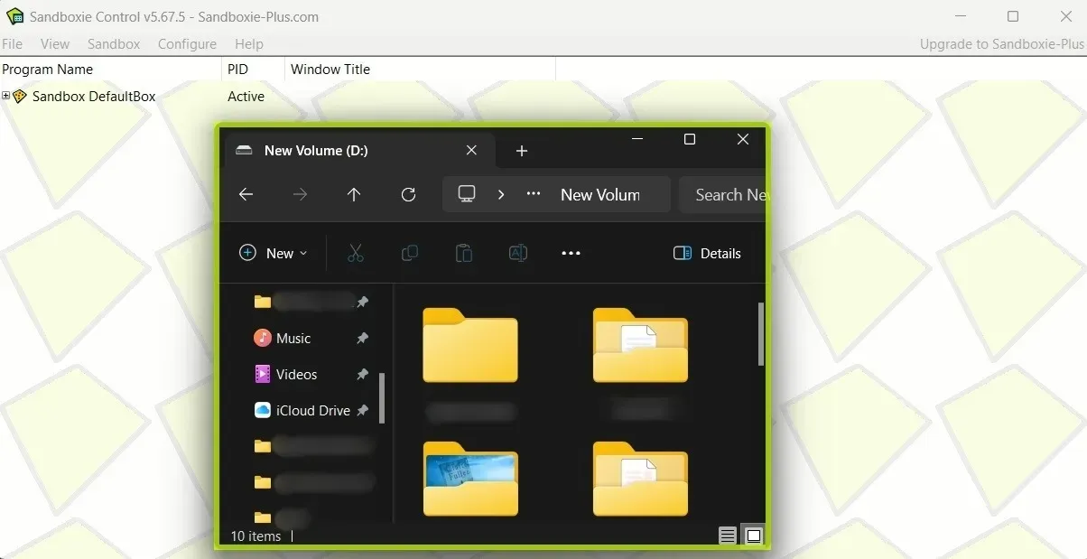 Sandboxie-App-Ansicht läuft auf einem Windows-PC.