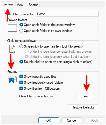 Geschiedenis permanent verwijderen uit Windows Verkenner in Windows 10/11 op het tabblad Algemeen.