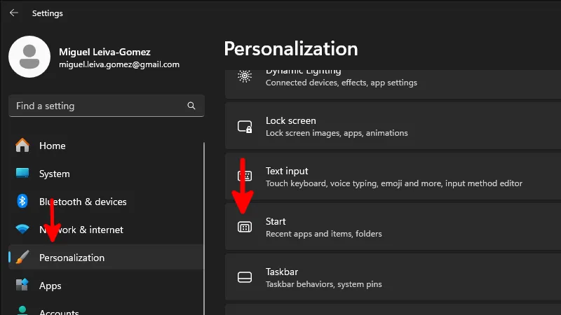 Waar vindt u het Start-submenu in de Personalisatie-instellingen in Windows 11.
