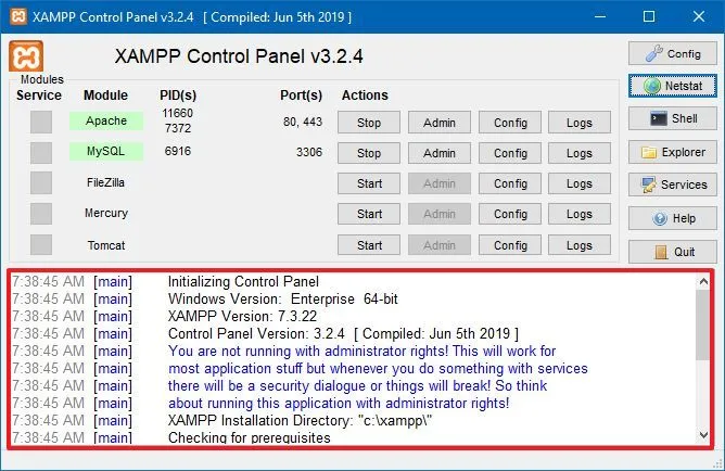 Registros del panel de control de XAMPP
