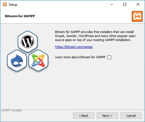 XAMPP-installatiewizard op Windows 10