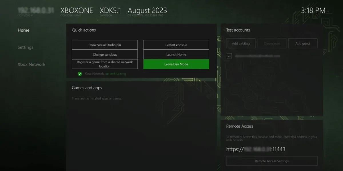 Pantalla de inicio del modo de desarrollo de Xbox