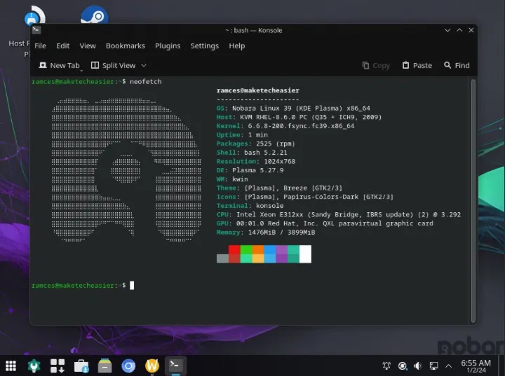 Uma captura de tela da área de trabalho Nobara Linux.