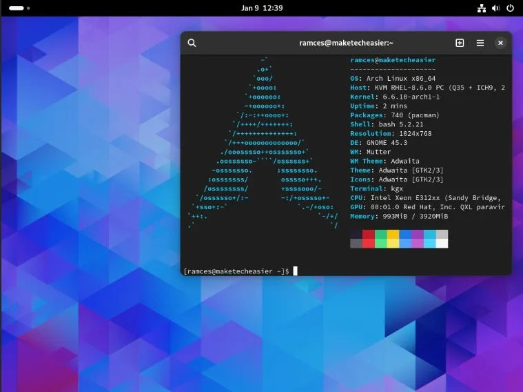 Uma captura de tela de um exemplo de desktop Arch Linux.