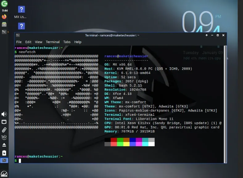 Uma captura de tela mostrando um exemplo de desktop MX Linux.