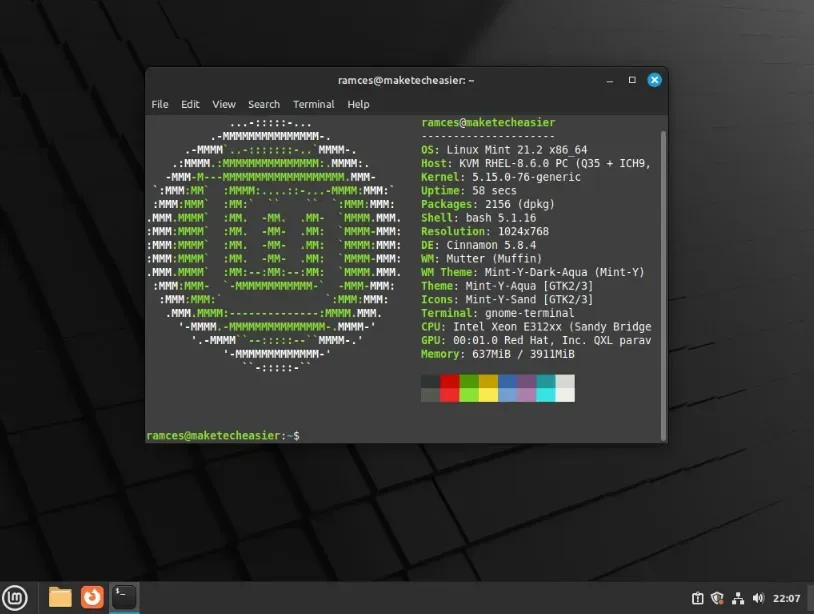 Uma captura de tela mostrando um exemplo de desktop Linux Mint.