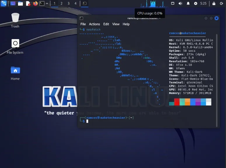 Uma captura de tela mostrando um exemplo de desktop no Kali Linux.