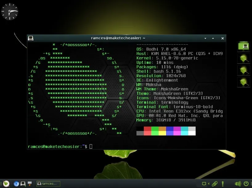 Uma captura de tela mostrando um exemplo de desktop no Bodhi Linux.