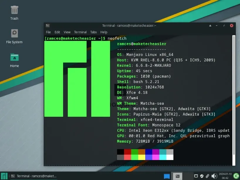 Manjaro Linux のデスクトップの例を示すスクリーンショット。