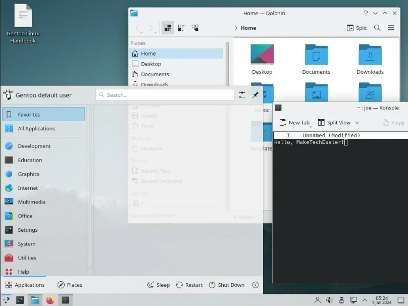 Gentoo Linux のデスクトップ例を示すスクリーンショット。