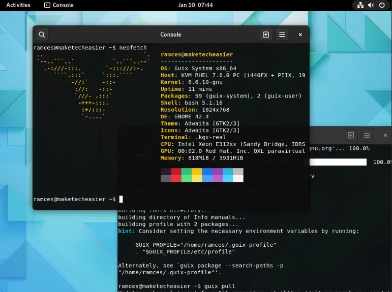 Uma captura de tela mostrando um exemplo de área de trabalho no GNU Guix.