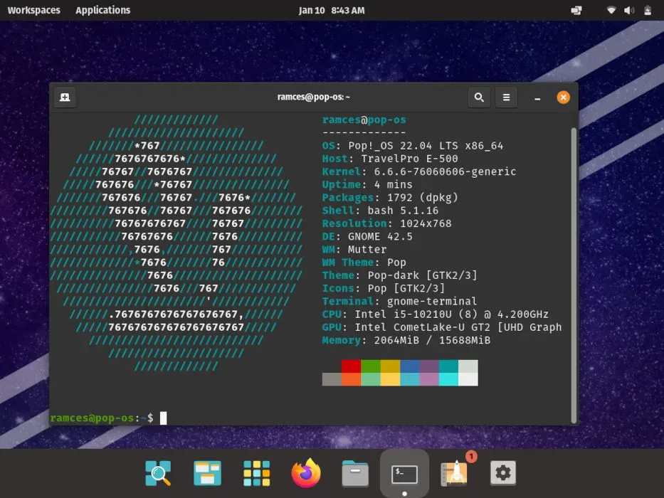 Uma captura de tela mostrando um exemplo de área de trabalho no Pop!_OS.