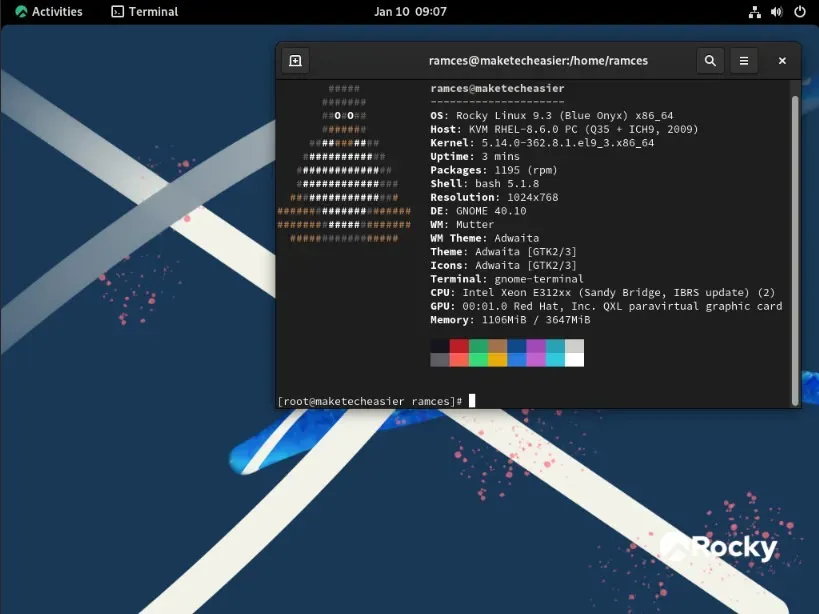 Uma captura de tela mostrando um exemplo de desktop no Rocky Linux.