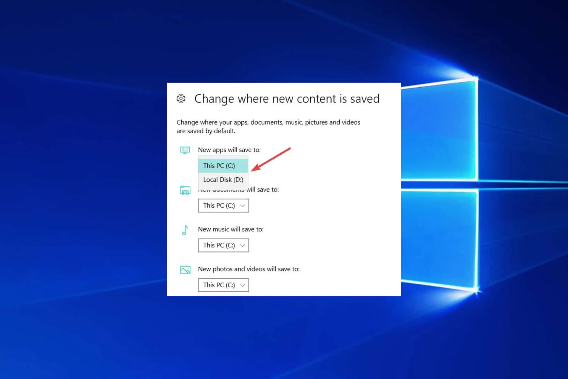 come cambiare la posizione dei download nell'immagine in primo piano di Windows 10
