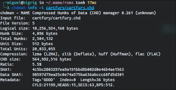 CHD ファイルに関する情報を表示する chdman コマンドのデモンストレーション。