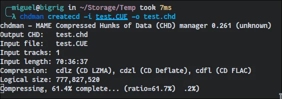 Compression de la combinaison CUE/BIN dans un fichier CHD.