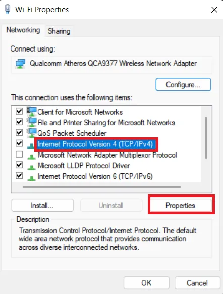 Propriétés Wi-Fi Propriétés IPv4