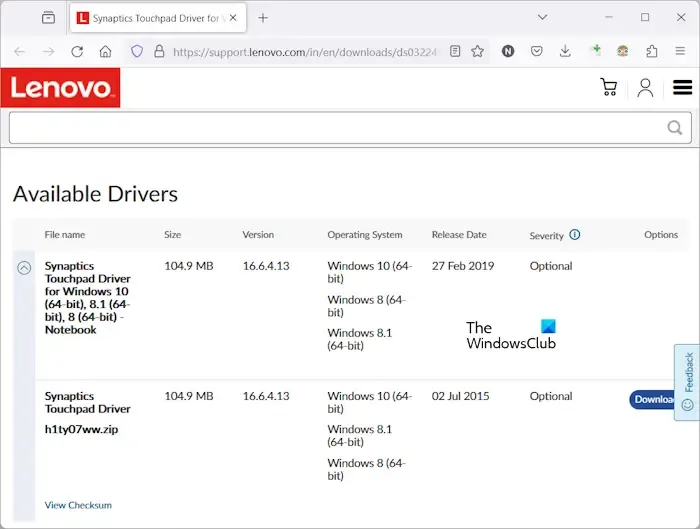 Web サイトから Lenovo タッチパッド ドライバーをダウンロード