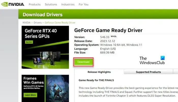Download dei driver da NVIDIA