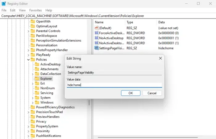 Ativar e desativar a página inicial de configurações usando o Editor do Registro
