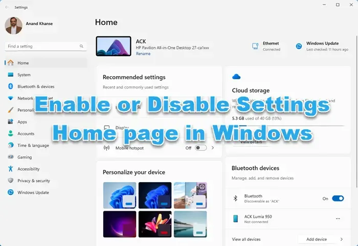 Abilita o disabilita la home page delle impostazioni in Windows