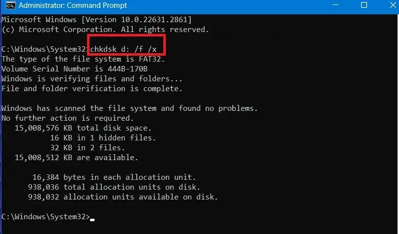 Windows 명령 프롬프트에서 문자 D가 포함된 USB 드라이브의 Chkdsk 검사.