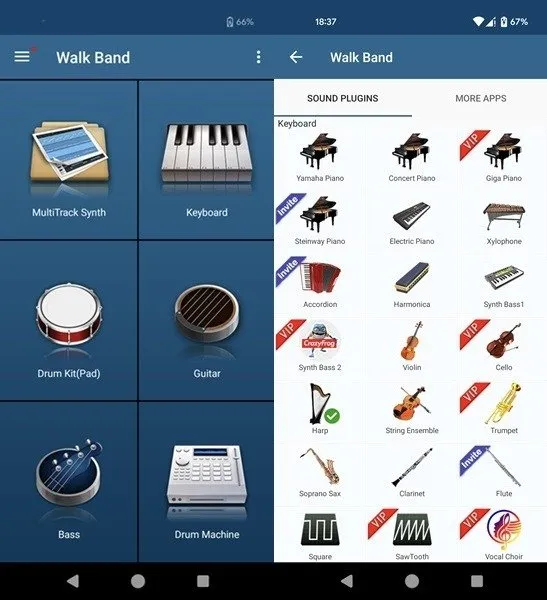 Walk Band-app-interfaceoverzicht.