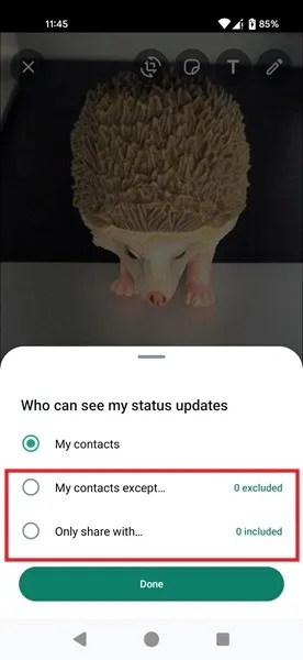 Modificar la configuración de privacidad del estado al publicar en WhatsApp para Android.