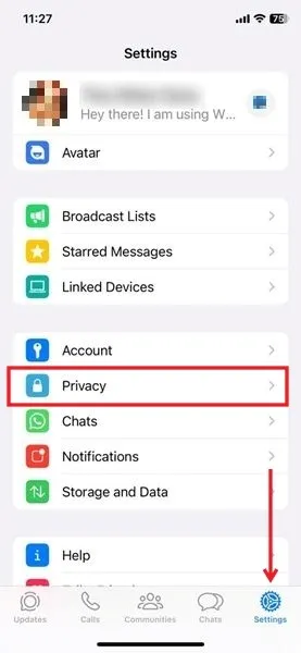 Navigeren naar Privacy in WhatsApp voor iOS.