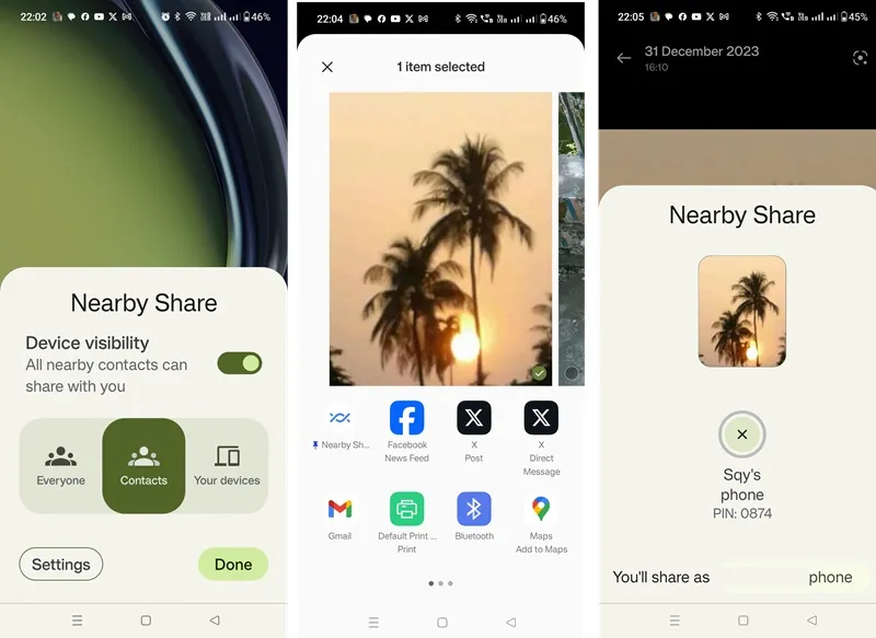 O processo passo a passo de como o Near Share funciona em um telefone Android para transferir arquivos.