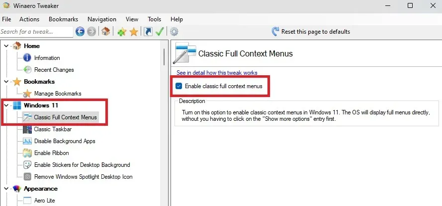 Utilizzo di Winaero per ripristinare i classici menu contestuali in Windows 11 per fare in modo che Windows 11 mostri più opzioni per impostazione predefinita.