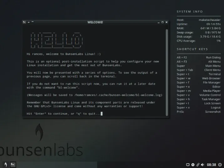 Uno screenshot del desktop Linux predefinito di BunsenLabs.