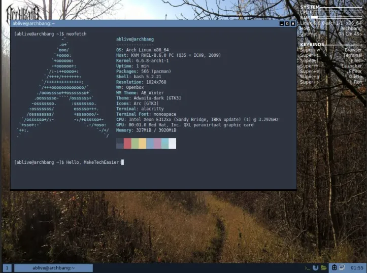 Uma captura de tela da área de trabalho padrão do ArchBang.