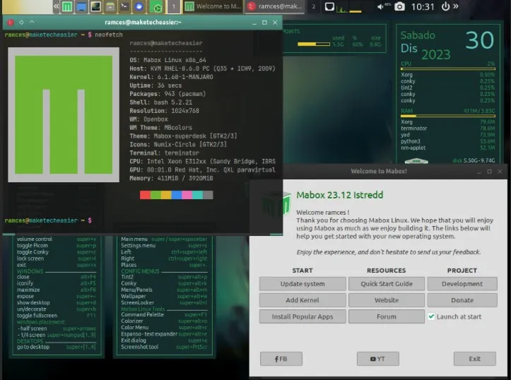 Uma captura de tela da área de trabalho padrão do Mabox Linux.