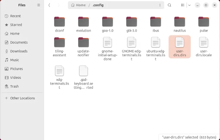 Une capture d'écran montrant le fichier user-dirs dans le répertoire .config.