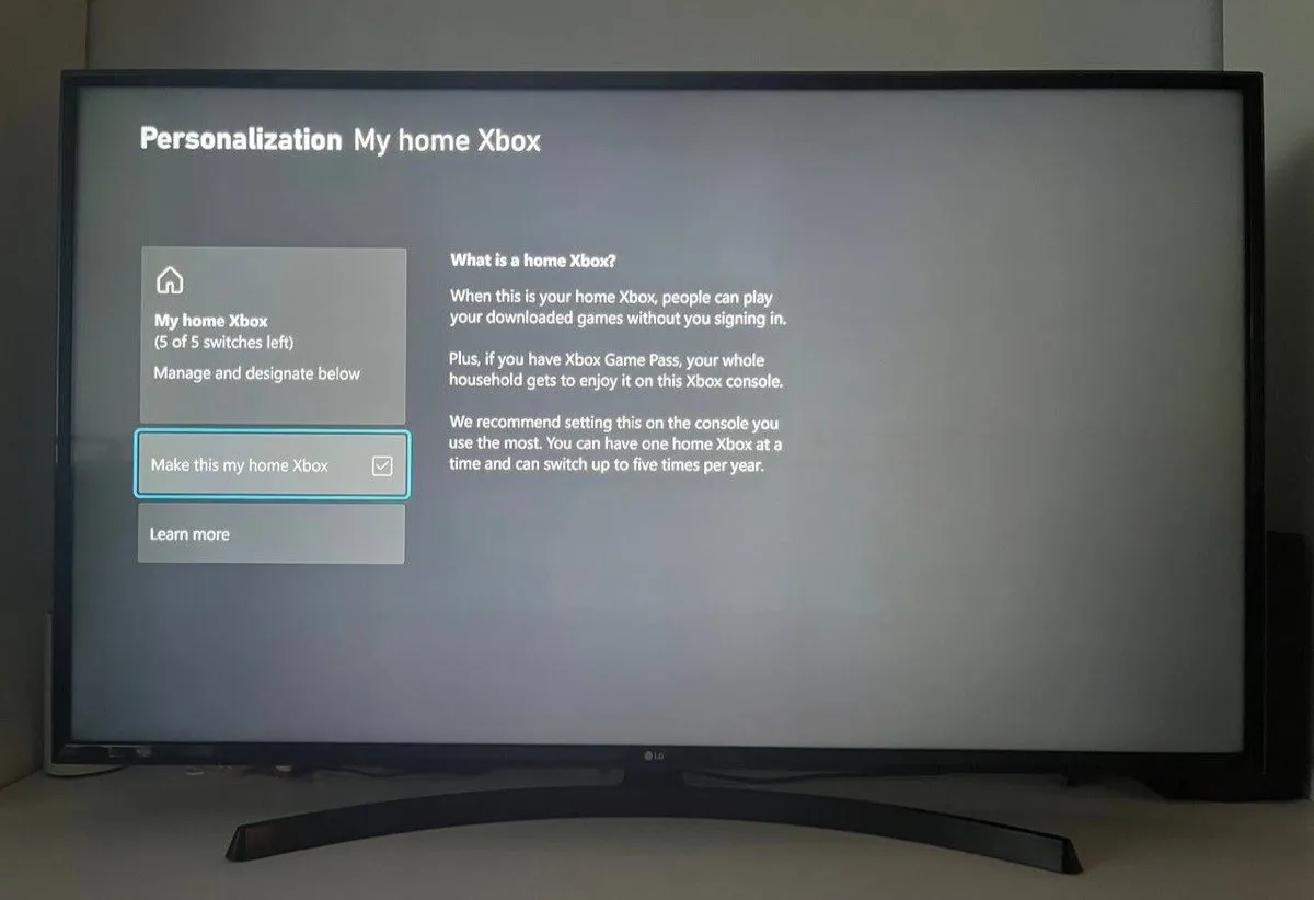 Kontrollkästchen „Dies zu meinem Zuhause machen“ für die Xbox
