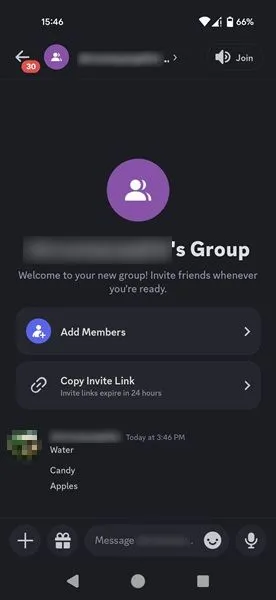 Grupo creado con uno mismo en la aplicación Discord para Android.