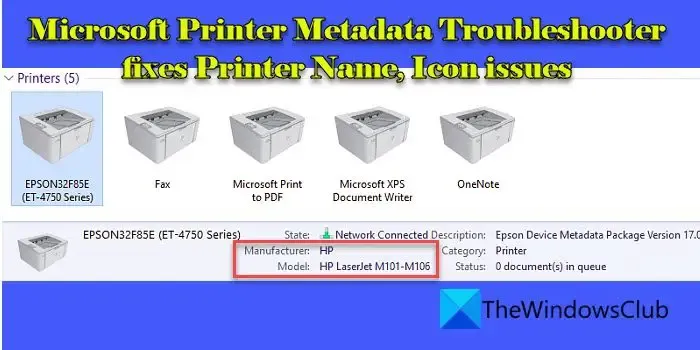 Solucionador de problemas de metadados de impressora Microsoft
