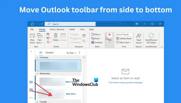 Mova a barra de ferramentas do Outlook de lado para baixo