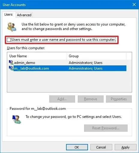 Windows 10 上の Netplwiz