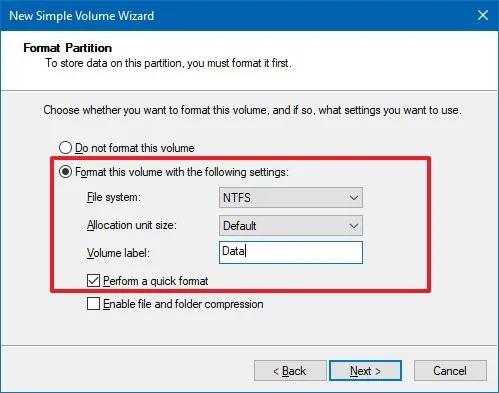 Nuove impostazioni del formato della partizione su Windows 10