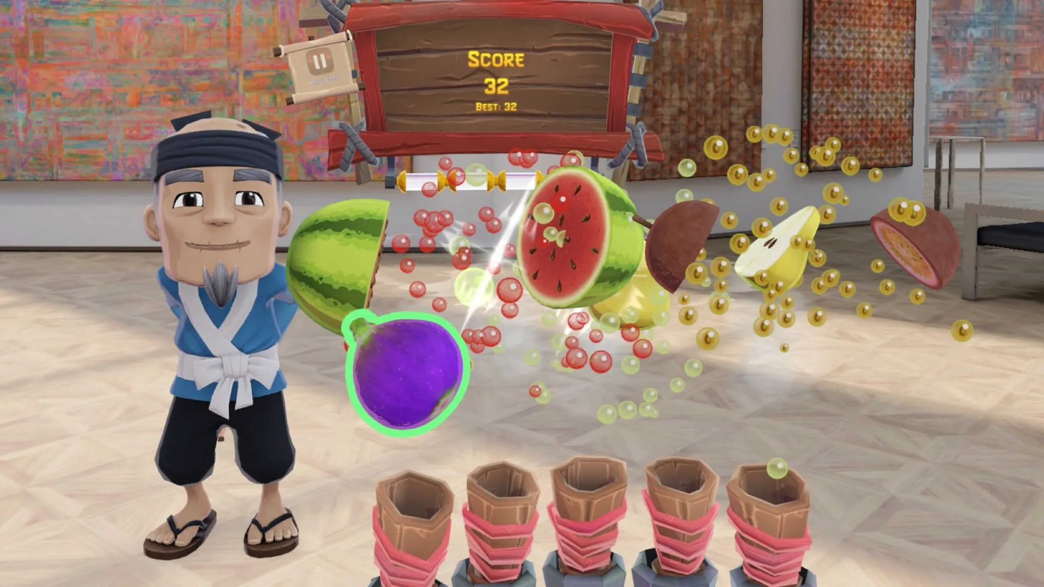 Ein Screenshot aus dem Super Ninja Pro-Spiel. Auswahl an Früchten wie Wassermelonen und Birnen, die aufgeschnitten werden.