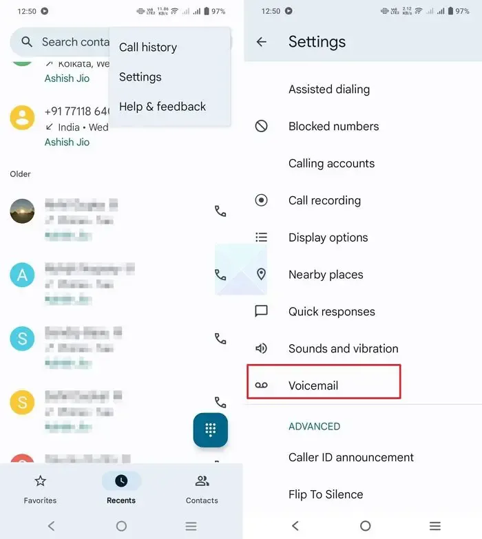 Abra la configuración del correo de voz en Android