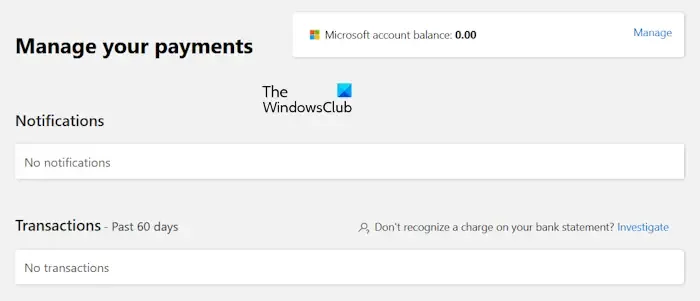 Options de paiement Compte Microsoft