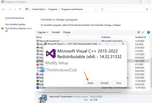 Microsoft Visual C++ 再頒布可能パッケージを修復する