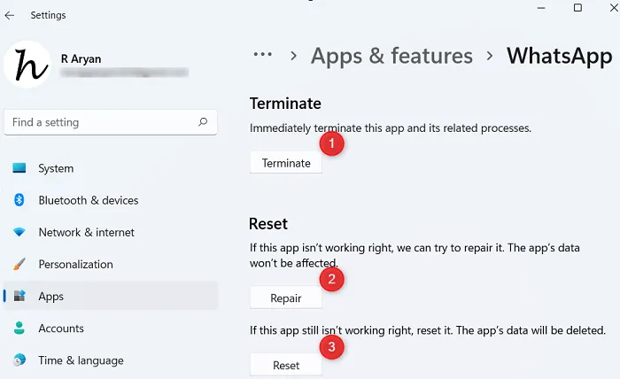 Reparar ou redefinir o WhatsApp Desktop