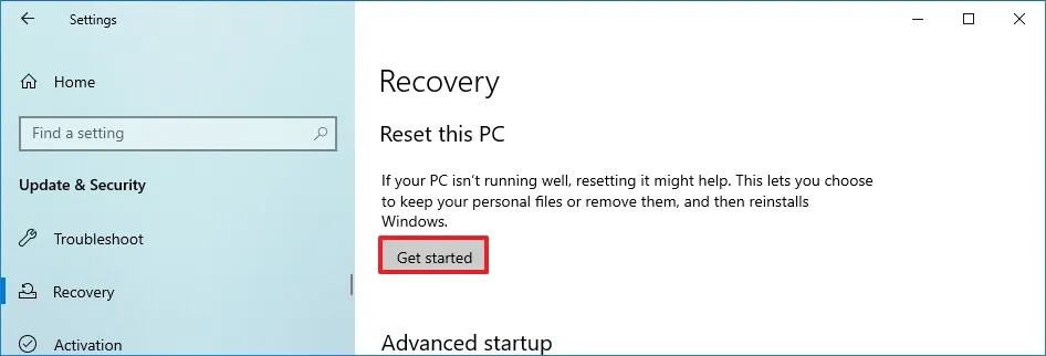 Windows 10 Redefinir este recurso do PC
