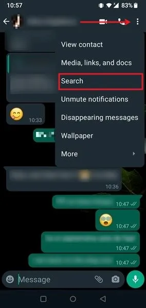 在 Android 版 WhatsApp 中找到「搜尋」按鈕。