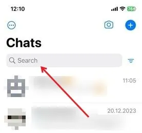 Usando a barra de pesquisa na parte superior do WhatsApp para iOS para pesquisar todos os chats.